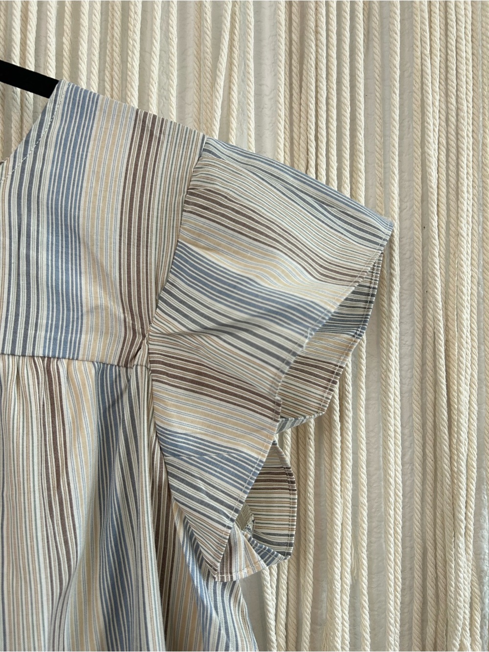 PERCH Striped Tiered Flutter Sleeve Mini Dress Blue & Taupe Flowy Babydoll Dress - Picture 7 of 16